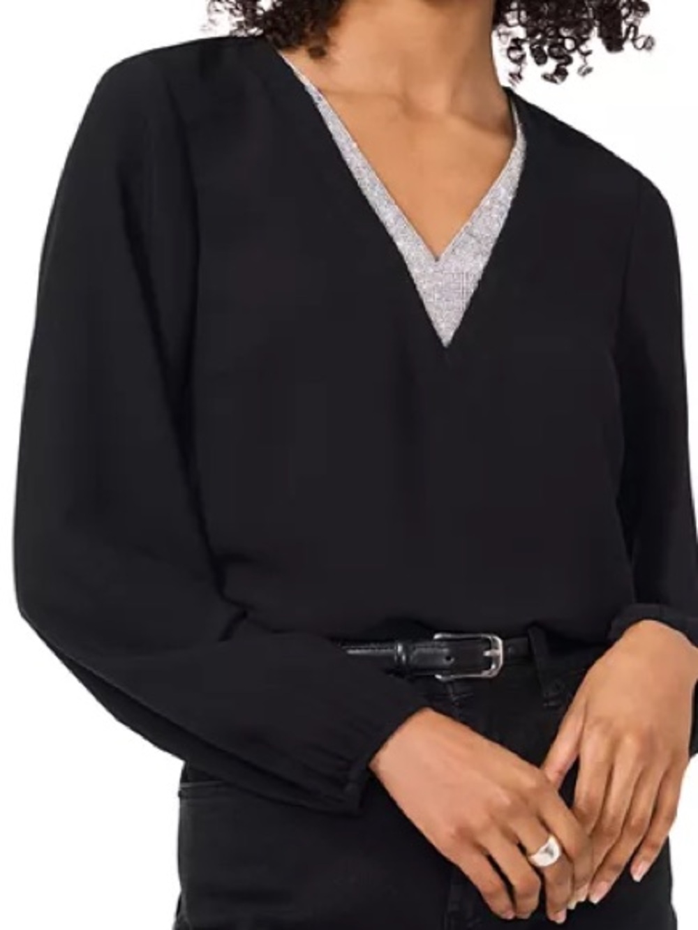CeCe Jeweled Sparkle V-Neck Long Sleeve Top NWT Large
